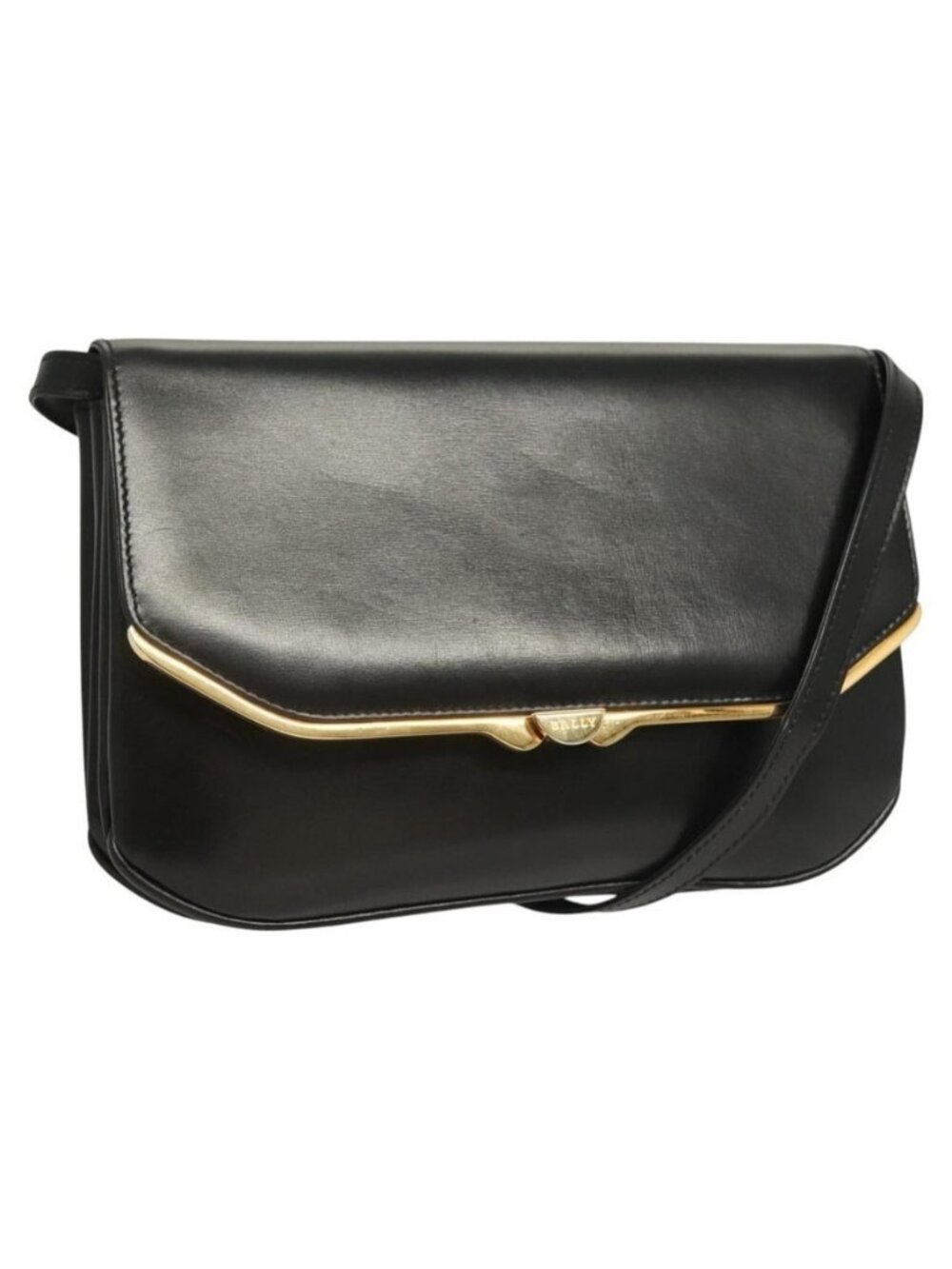 Authentic BALLY Shoulder Bag Leather Black Gold